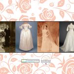Four antique photos of two wedding dresses, a bride, and a married couple, on a rose-patterned background.