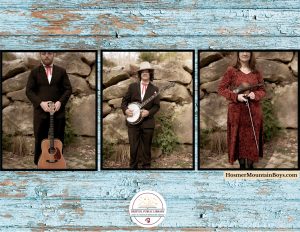 A photo of three musicians holding a guitar, a banjo, and a fiddle.