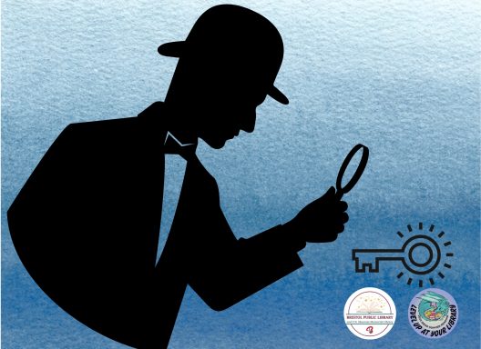 A silhouette of a man in a top hat looking at a key.