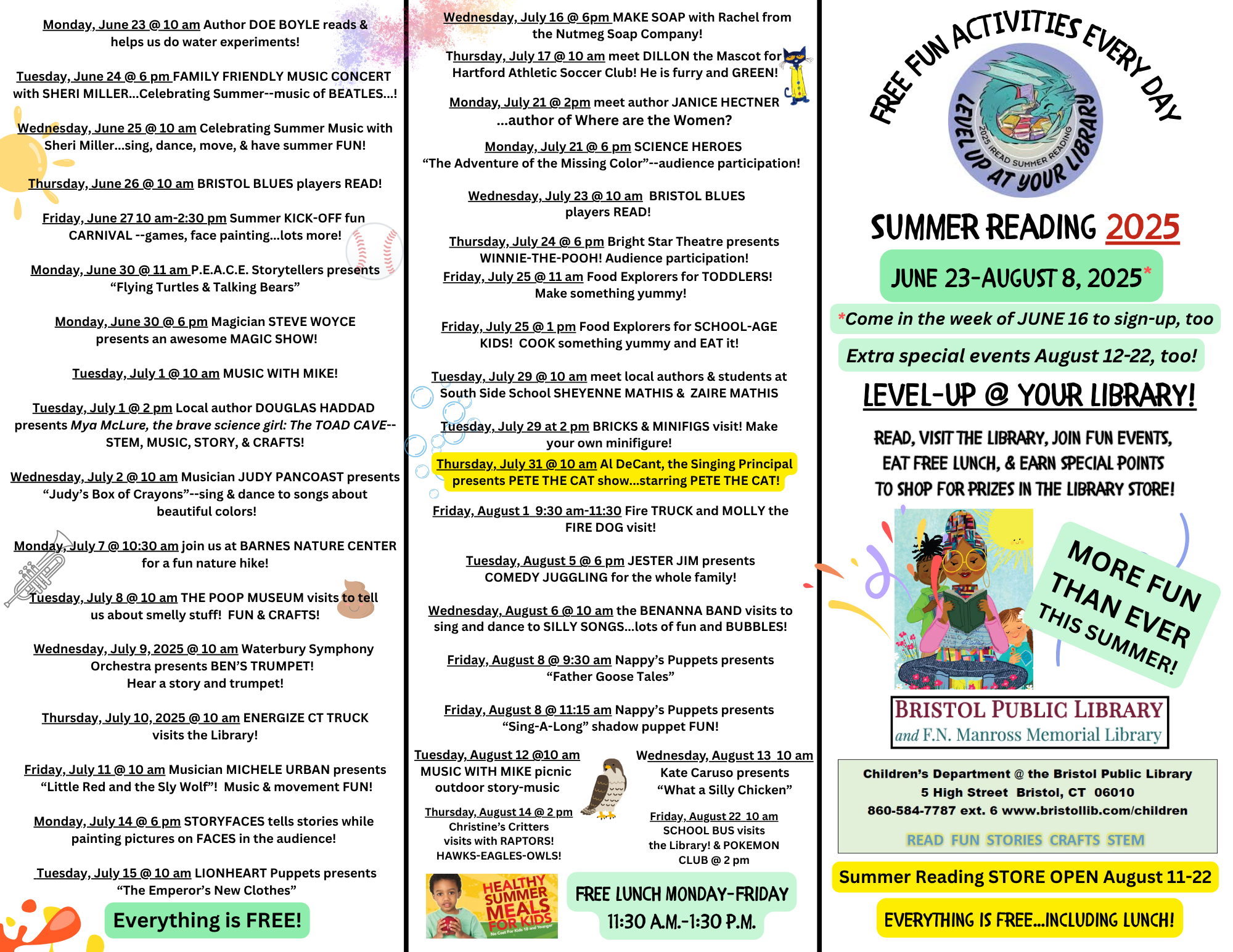 Page of trifold brochure with white background and black text detailing Summer Reading Program events.