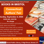 Poster for Books in Bristol CT Authors Book Fair, September 6, 2025. Red Back ground and orange and white text. Blurred image of stacked books.