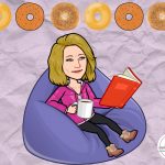 A woman reading a book with a mug of coffee. Six bagels are in the top border.