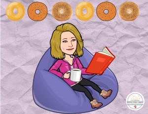 A woman reading a book with a mug of coffee. Six bagels are in the top border.