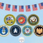 An American Flag banner with the emblems of seven military branches.