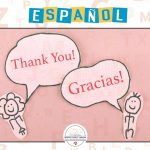 Two stick figures saying thank you in English and Spanish.