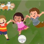 Three children dancing and holding hands, with zoo animals.