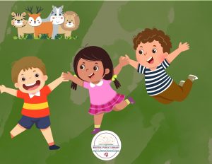 Three children dancing and holding hands, with zoo animals.