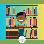A student standing among a stack of books.