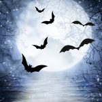 A full moon on a pond with five bats.