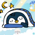 A sleepy penguin in a sleeping bag with a moon.