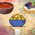 Three comfort foods: a bowl of chili, mac & cheese, and a tart.