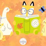 Animals reading a fall book.