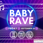 Flyer with white text and neon pink and purple background.