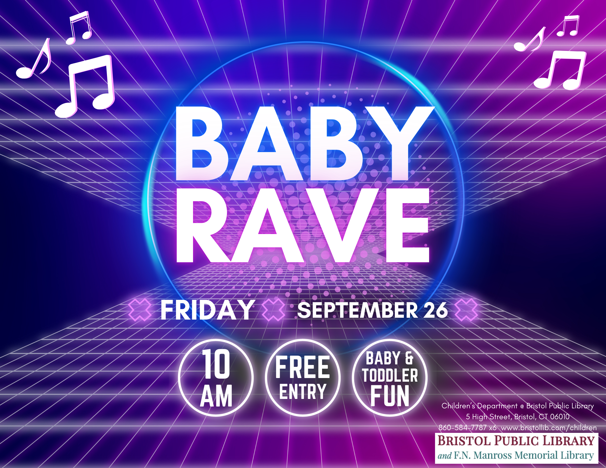 Flyer with white text and neon pink and purple background.