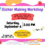 Flyer with white background and colorful border with black text.