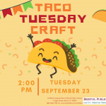 Yellow flyer with dancing taco in middle and colorful bunting at top left.