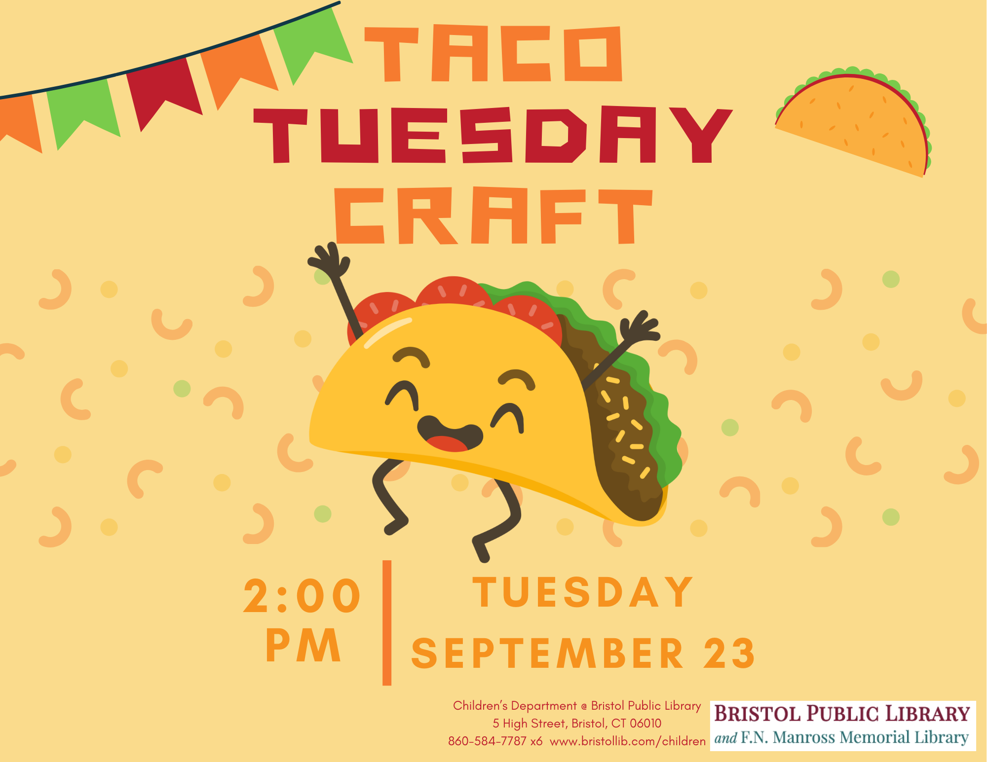 Yellow flyer with dancing taco in middle and colorful bunting at top left.