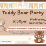 Flyer with brown border, pastel bunting at top and teddy bears at left and bottom.