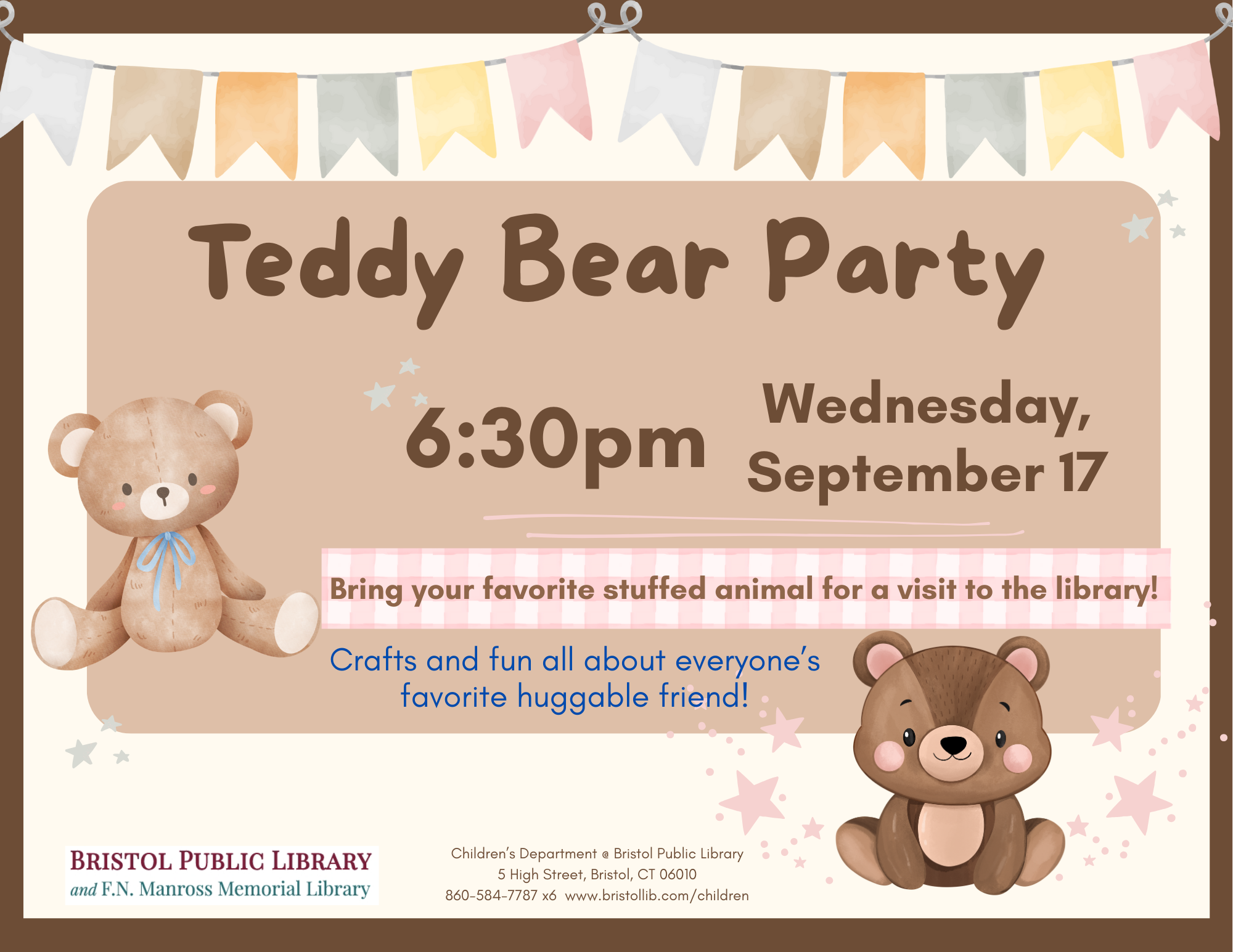Flyer with brown border, pastel bunting at top and teddy bears at left and bottom.