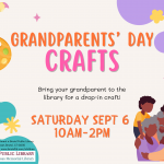 Flyer with pastel paint supplies, pink text, and two grandparents with grandchildren at bottom right.