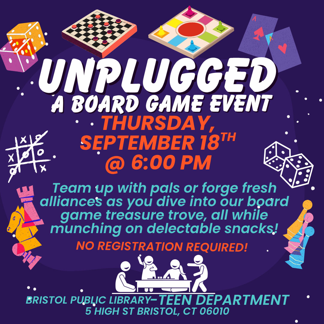 graphic of flyer with board game paraphernalia in the background and program details in the foreground. 