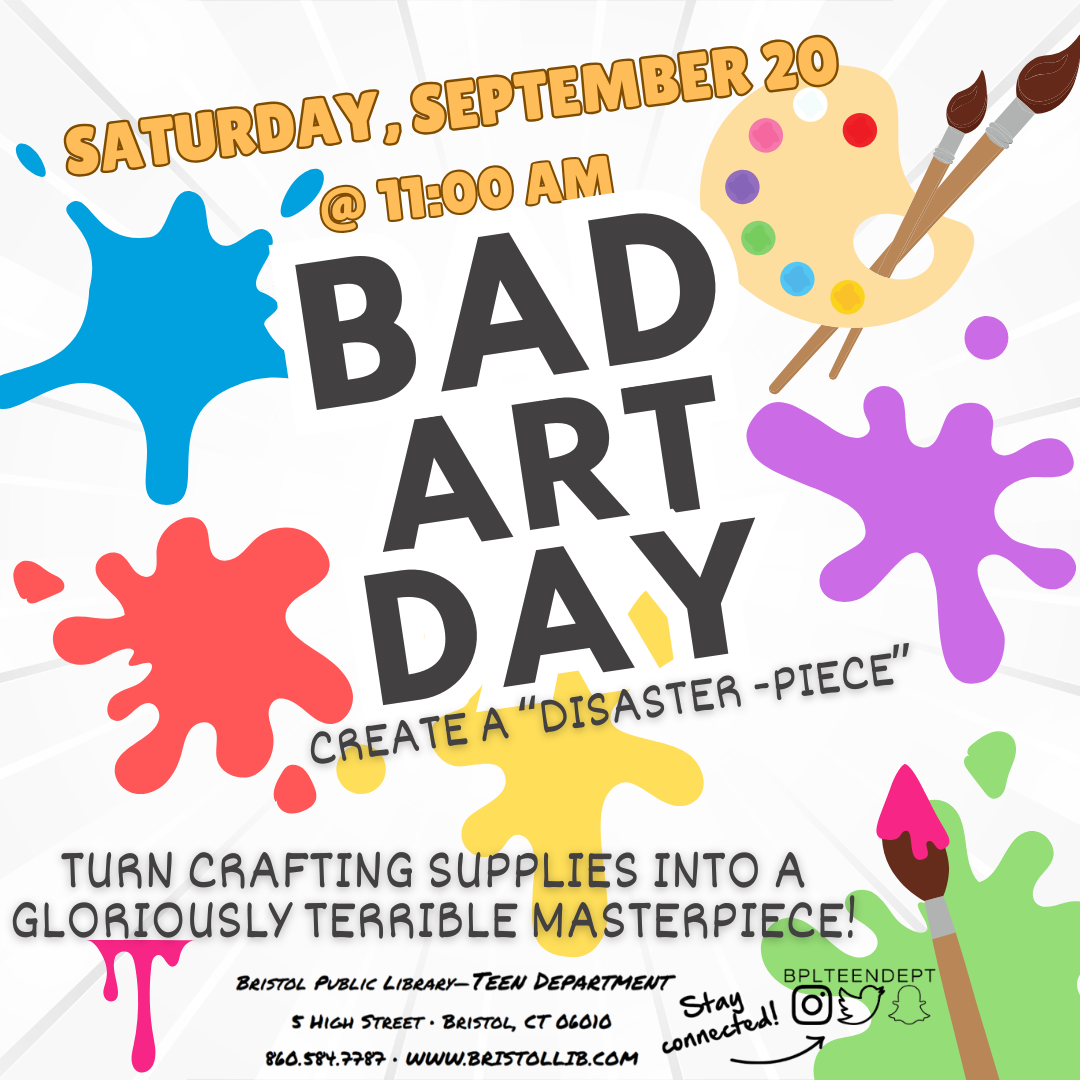 graphic of various colors of paint splattered with paint brushes and a paint pallet in the background and program details in the foreground. 