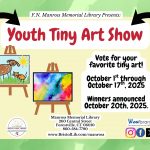 A flyer showing the Youth Tiny Art Show with two art pieces: A dog with a cat and a sun, and a modern art painting.