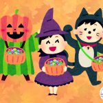 Three trick-or-treaters with candy-- a pumpkin, a witch, and a cat.